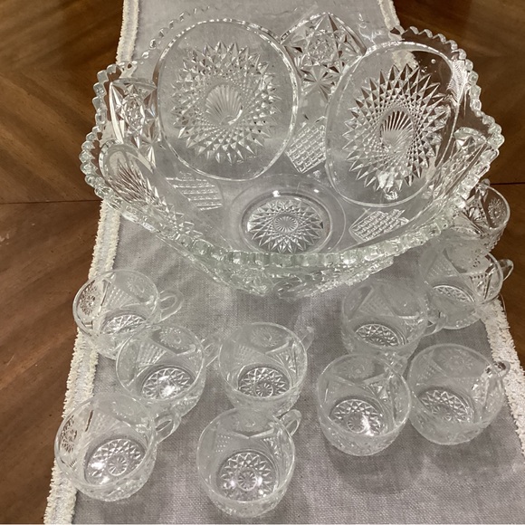 Homestead Clear Punch Bowl & 10 Punch Cups By Duncan & Miller - Picture 1 of 8